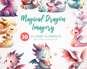 Cute Girly Dragon Watercolor Clipart PNG - Nursery Wall Art, Baby Shower Girls Clipart, Kids Party Decorations, Dragon-Themed Nursery