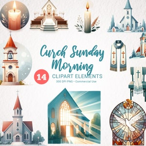 Kirche Sonntag Morgen Aquarell Bundle - 14 PNGs, Clipart für Anbetung und Glauben, Kirchen Szenen, Sofortiger Download Kommerzielle Nutzung