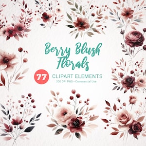 Clipart fleurs Marsala aquarelle - mariage baies et fard à joues - arrangements floraux Bordeaux fard à joues - Clipart floral aquarelle