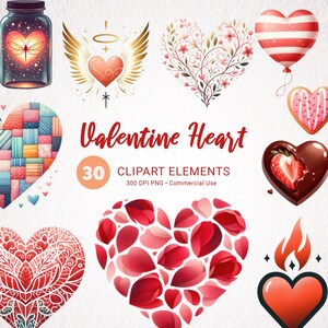 Valentine Hearts Aquarell Clipart Bundle - 30 PNG Bilder zum Thema Liebe, transparenter Hintergrund, Sofortiger Download, Kommerzielle Nutzung