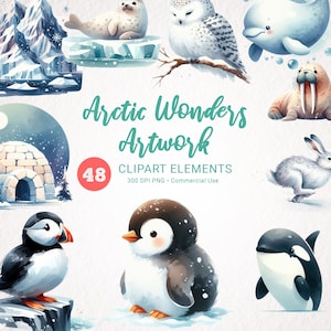 Clipart aquarelle animaux de l'Arctique - mignon ours polaire, pingouin, narval, baleine déco chambre d'enfant - Aquarelle imprimable