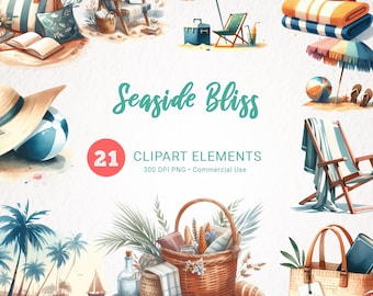 May include: A set of 21 watercolor clipart elements featuring beach and summer themes. The illustrations include beach chairs, towels, sunglasses, a picnic basket, a beach bag, a palm tree, an umbrella, a beach ball, and a seashell. The text "SeaSide Bliss" and "21 Clipart Elements" is included in the image.