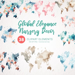 Aquarell Welt Karten Clipart - Kinderzimmer Dekor, druckbare Karte, PNG Karte, Reise Thema, digitaler Download, Erde Abbildungen