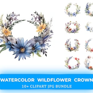 Aquarell Wildblumen Krone Clipart Bundle - 10+ Hochwertige JPGs - Weißer Hintergrund Clipart