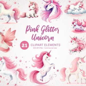 Pink Glitter Unicorn Watercolor Clipart Bundle - 21 Transparent PNG Images - Magical Clipart Set, High Quality, Instant Download