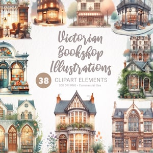 Bookshop Watercolor Clipart - Cozy Victorian Bookstore PNG Illustrations, Cute Commercial Use Graphics, Trendy Scrapbooking Supplies