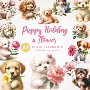 Aquarelle Puppy & Flower Clipart Bundle - 27 illustrations de chiens PNG transparentes, haute qualité, téléchargement instantané pour un usage commercial