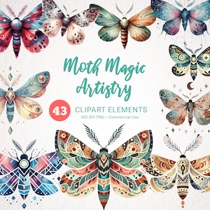 Aquarell Motten Clipart Bundle, Mystische PNG Cliparts, Junk Journal Zubehör, Scrapbooking Papierhandwerk, Motte Aquarell PNG Download