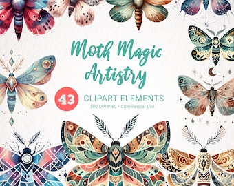 Zestaw clipartów akwarelowych ćmy, mistyczne cliparty PNG, artykuły do dziennika śmieci, papier do scrapbookingu, akwarela ćmy PNG do pobrania