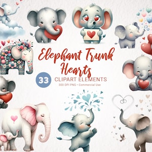 Aquarel olifant Trunk Hearts Clipart Bundle - 33 PNG-afbeeldingen met liefde en feest, Instant Download voor commercieel gebruik