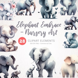 Elefant Aquarell Clipart - Mutter und Baby Elefant PNG, süßes Kinderzimmer Dekor, Babyparty, Muttertagsgeschenk