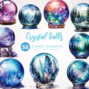 May include: A set of 52 watercolor illustrations of crystal balls with various scenes inside, including a starry sky, a forest, and feathers. The text "Crystal Balls" and "52 Clipart Elements" is visible in the image.