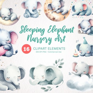 Elefante durmiente acuarela clipart - decoración de la guardería arte de la pared del bebé - animalito para el baby shower