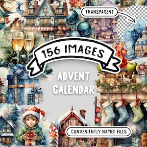 Paquete de imágenes prediseñadas de acuarela del calendario de Adviento - 156 imágenes transparentes PNG, mega paquete festivo, descarga instantánea de uso comercial