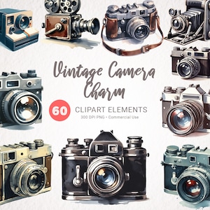 Vintage cámara acuarela clipart - cámara retro pintada a mano PNG - fotografía logotipo descarga digital - uso comercial