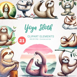 Puede incluir: Una colección de 21 elementos de imágenes prediseñadas de acuarela con perezosos en varias posturas de yoga. Los perezosos están representados en tonos marrones y beige, con algunas poses sobre fondos naturales, incluyendo árboles y nubes. También se incluye el texto "Yoga Sloth".