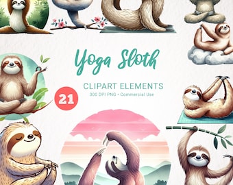 Yoga Sloth Watercolor Clipart Bundle - 21 PNG Transparent Images, Charming & Relaxing Poses - Instant Download Commercial Use