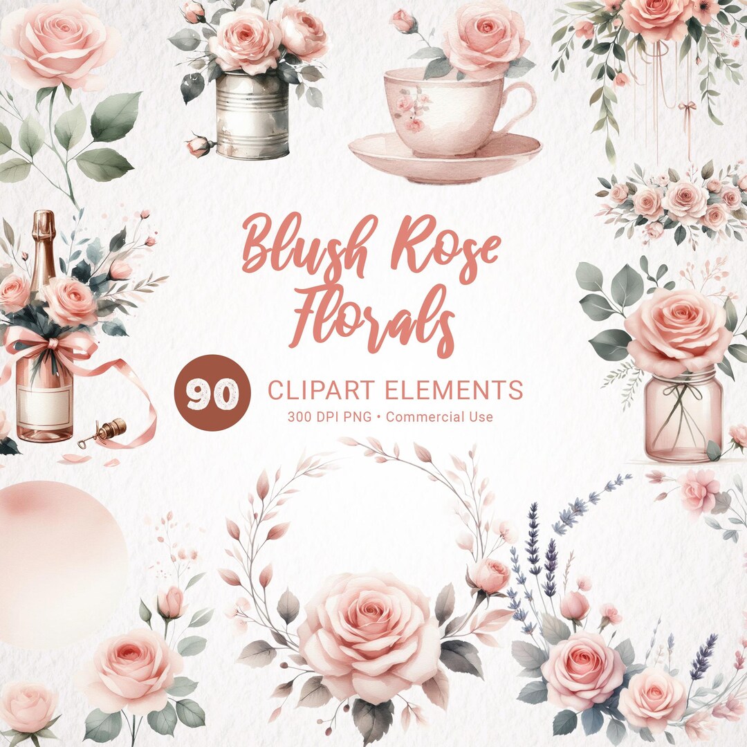 Watercolor Roses Clipart Bundle - Pink Flower Wreath PNG, Floral ...