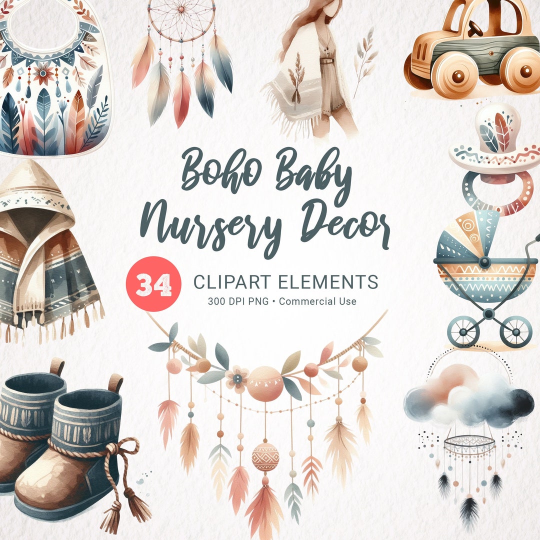 Boho Baby Watercolor Clipart - Newborn PNG, Nursery Decor Printable ...