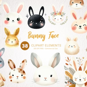 Bunny Face Watercolor Clipart Bundle - 38 PNG Bunny Images for Crafts and Design, High Quality, Transparent, Instant Download Commercial Use