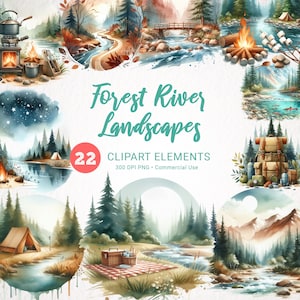 Forest River Watercolor Clipart Bundle - Landscape, Nature, Hiking, Camping Clipart for Crafting and Design