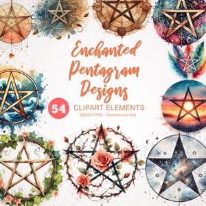 Zestaw clipartów witrażowych Pentagram, akwarela Wiccan PNG, cliparty czarownictwa i magii, mistyczne cliparty pogańskie, najlepsze grafiki czarownic