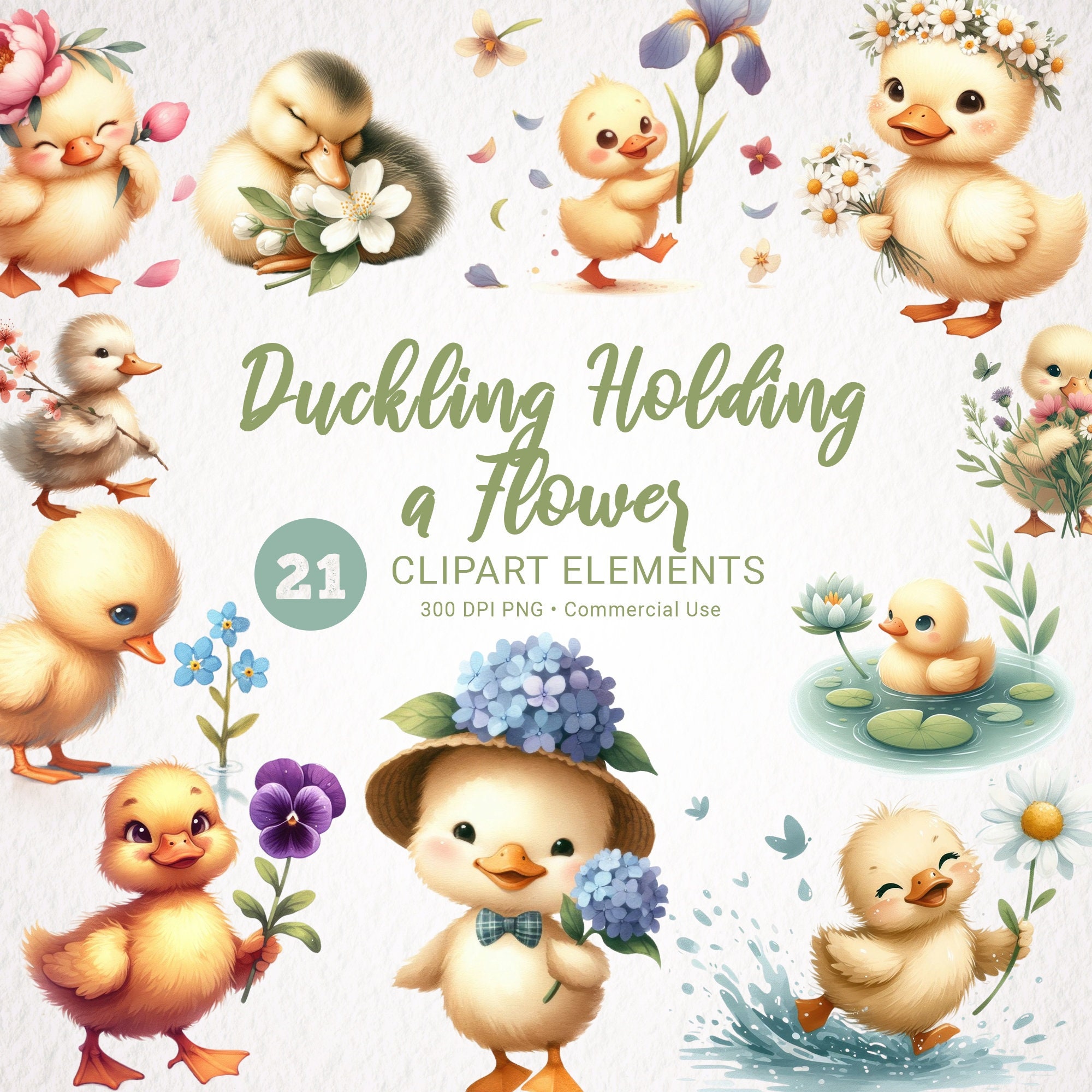 Duckling & Flowers Watercolor Clipart - 21 PNG Big Bundle, Transparent, High Quality, Digital Download for Commercial Use