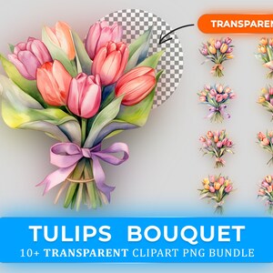 Tulpen boeket clipart bundel - 10+ hoge kwaliteit PNG's - aquarel clipart met transparante achtergrond