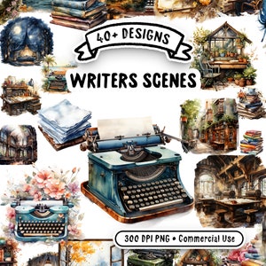 Writers Retreat aquarel clipart bundel - 41 transparante PNG-afbeeldingen, schrijfscènes, hoge kwaliteit - digitale download voor commercieel gebruik