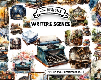 Writers Retreat Watercolor Clipart Bundle - 41 Transparent PNG Images, Writing Scenes, High Quality - Digital Download for Commercial Use