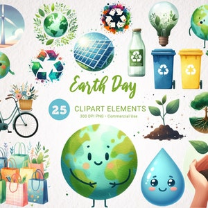 Earth Day aquarel clipart bundel - 25 milieuvriendelijke PNG-afbeeldingen voor commercieel gebruik - direct downloaden