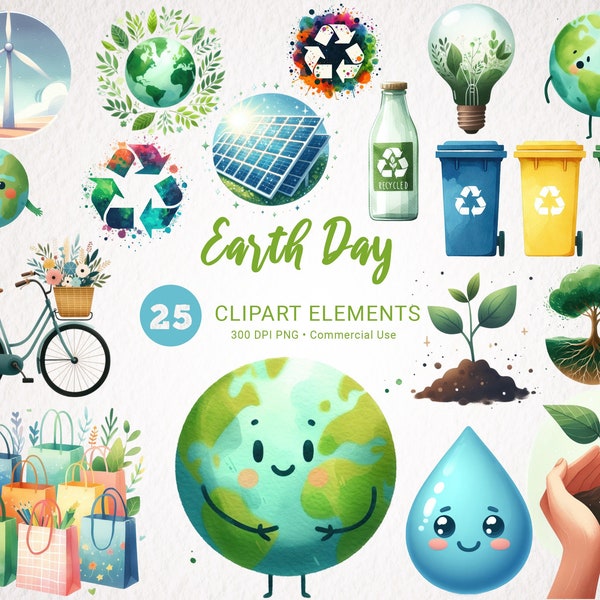 Earth Day Watercolor Clipart Bundle - 25 Eco-Friendly PNG Images for Commercial Use - Instant Download