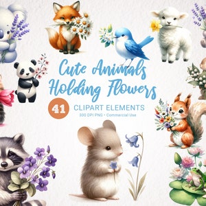 Simpatici animali e fiori Clipart ad acquerello - 41 bundle PNG, immagini trasparenti e di alta qualità per uso commerciale
