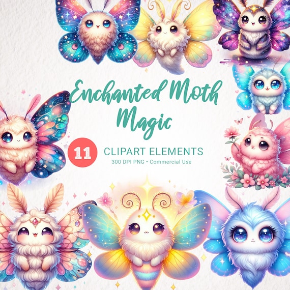 Kawaii Baby Moth Watercolor Clipart Bundle - Wiccan Witchcraft PNG, Mystical Butterfly Clipart, Pagan Cute Kawaii Clipart Set