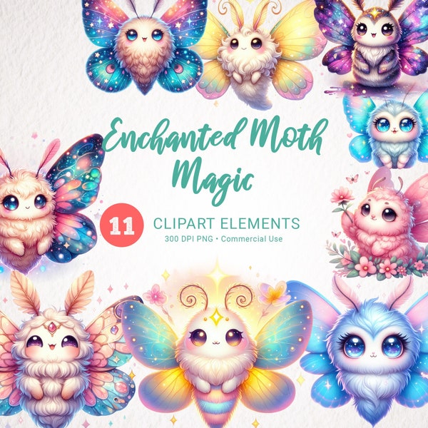 Kawaii Baby Moth Watercolor Clipart Bundle - Wiccan Witchcraft PNG, Mystical Butterfly Clipart, Pagan Cute Kawaii Clipart Set