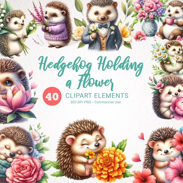 Hedgehog Holding Flowers Watercolor Clipart - 40 PNG Big Bundle, High Quality, Instant Download, Commercial Use