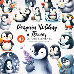 Penguin & Florals aquarel clipart bundel - 43 PNG's, transparante afbeeldingen van hoge kwaliteit, direct downloaden voor commercieel gebruik