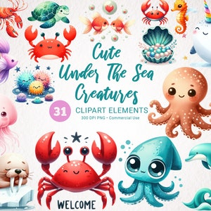 Cute Under The Sea Creatures Acquerello Clipart - 31 PNG Big Bundle, Immagini digitali di vita oceanica, Download istantaneo per uso commerciale