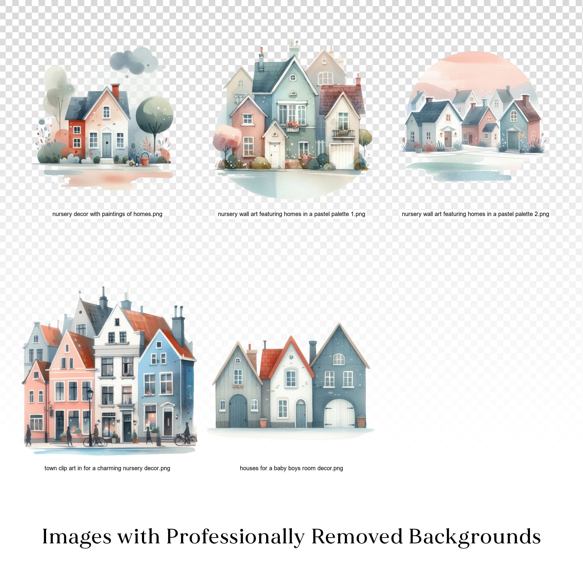 Watercolor Houses Clipart Nursery Decor Buildings, Baby Boy Homes PNG ...