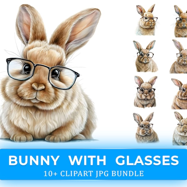 Funny Bunny Design Bundle, 10 Funny Rabbit Glasses Illustration Bundle, Crafting Bundle, Digital Paper, Cute Bunnies in Glasses Clip Art