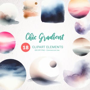 Paquete de imágenes prediseñadas de acuarela con degradado elegante: 18 PNG transparentes, texturas con degradado de alta calidad para uso comercial, descarga instantánea