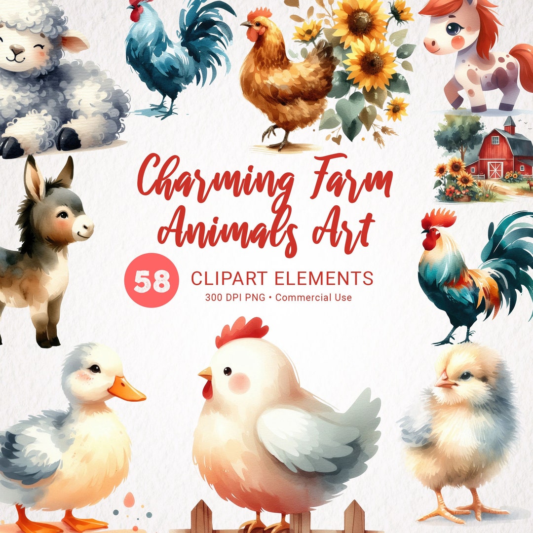 Farm Animals Watercolor Clipart - Cute Nursery Decor, Baby Shower Wall ...