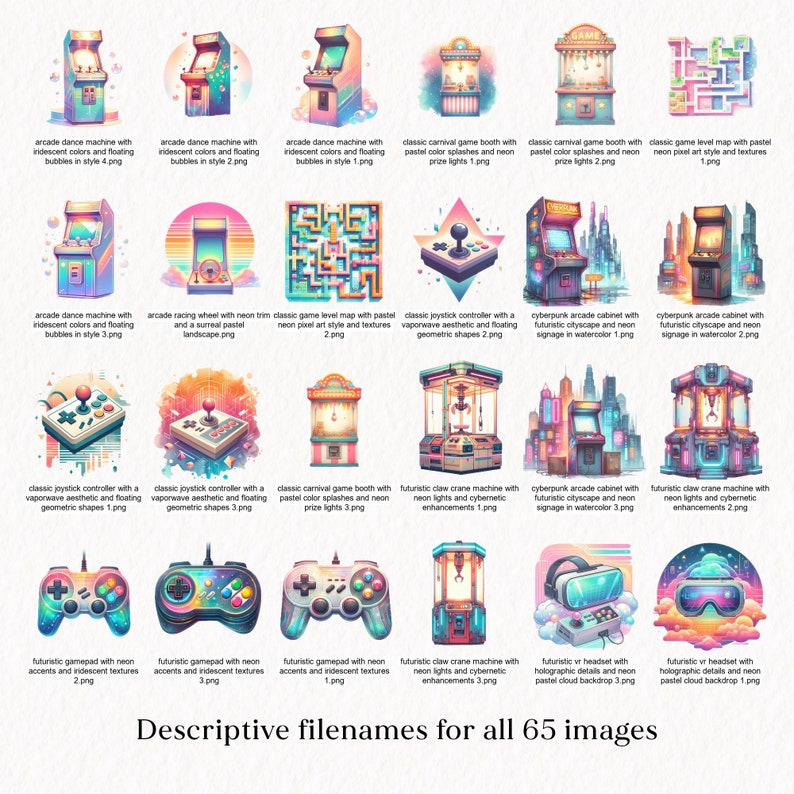 Vintage Arcade Machine Watercolor Clipart Bundle Pastel Neon Cyberpunk ...