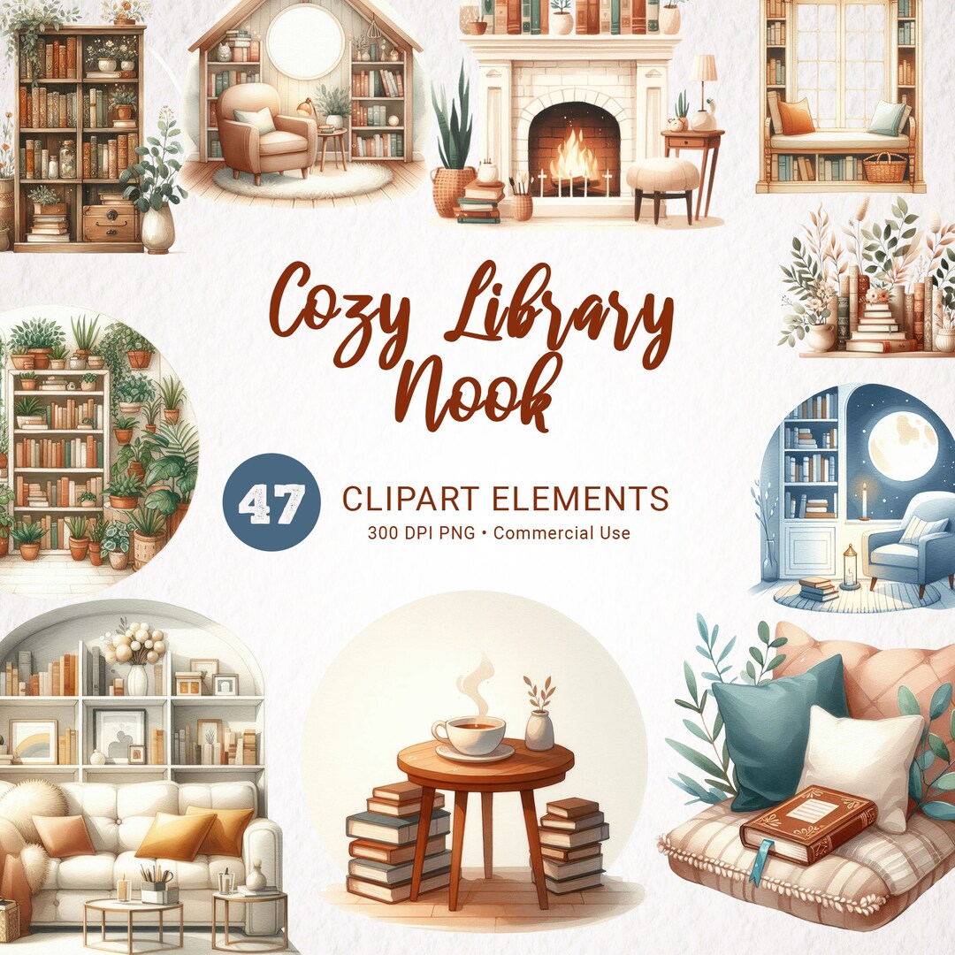 Cozy Home Library Watercolor Clipart Bundle - Bookshelf Bookcase ...