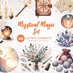 Paquete de imágenes prediseñadas de acuarela - Ocultismo, Brujería, Brujas, Mística, Magia, Wiccan, Celestial, Gato Negro - Descarga digital
