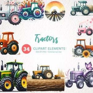 Könnte beinhalten: Eine Sammlung von 34 Clipart-Elementen mit farbenfrohen Traktorillustrationen. Die Traktoren sind in verschiedenen Stilen und Farben dargestellt, darunter Grün, Orange, Rosa und Lila. Der Text "Tractors" wird in einer türkisfarbenen Schrift angezeigt.
