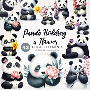 Panda met bloem aquarel clipart bundel - 43 transparante PNG-afbeeldingen, schattige panda's & bloemen, hoogwaardige commerciële gebruik digitale download