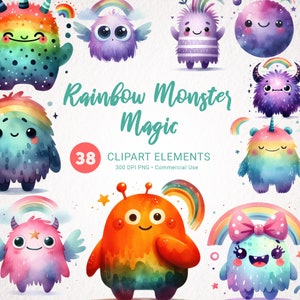 Niedliche Monster Aquarell Clipart - Mädchen Monster Kinderzimmer Dekor, Regenbogen Monster, Kinderzimmer druckbare Kunst, digitaler Download