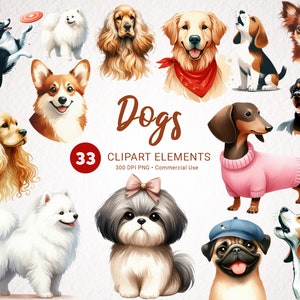 Hunde Aquarell Clipart Bundle - 33 hochwertige PNG Bilder, Haustier Porträts, transparent, Sofort Download für kommerzielle Nutzung