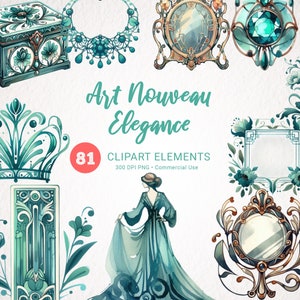 Vintage Art Nouveau Clipart Set - Watercolor Vintage Lady PNG, Teal Flowers, Scrapbooking Elements, Junk Journal Supplies, Paper Crafts
